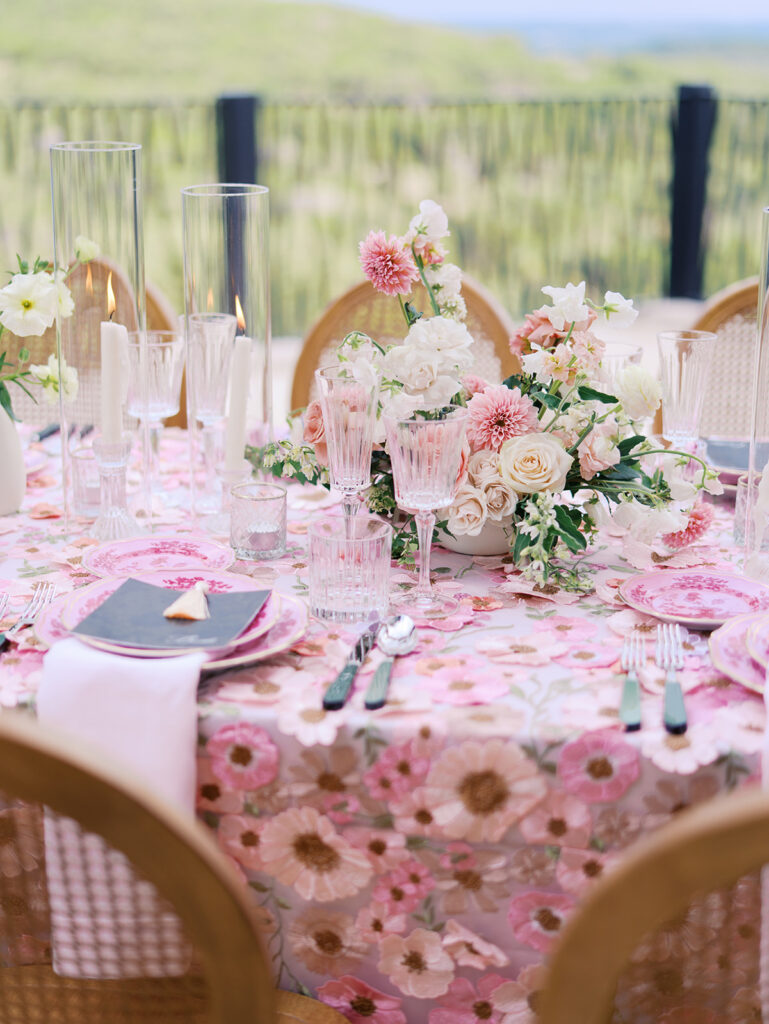 Romantic pink wedding tablescape with lush florals by Truth & Blooms at Villa Antonia, photographed by Kelsey Applebaum
