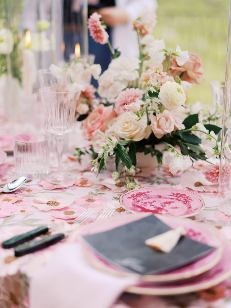 Romantic pink wedding tablescape with lush florals by Truth & Blooms at Villa Antonia, photographed by Kelsey Applebaum