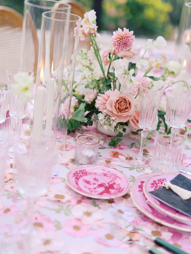 Romantic pink wedding tablescape with lush florals by Truth & Blooms at Villa Antonia, photographed by Kelsey Applebaum