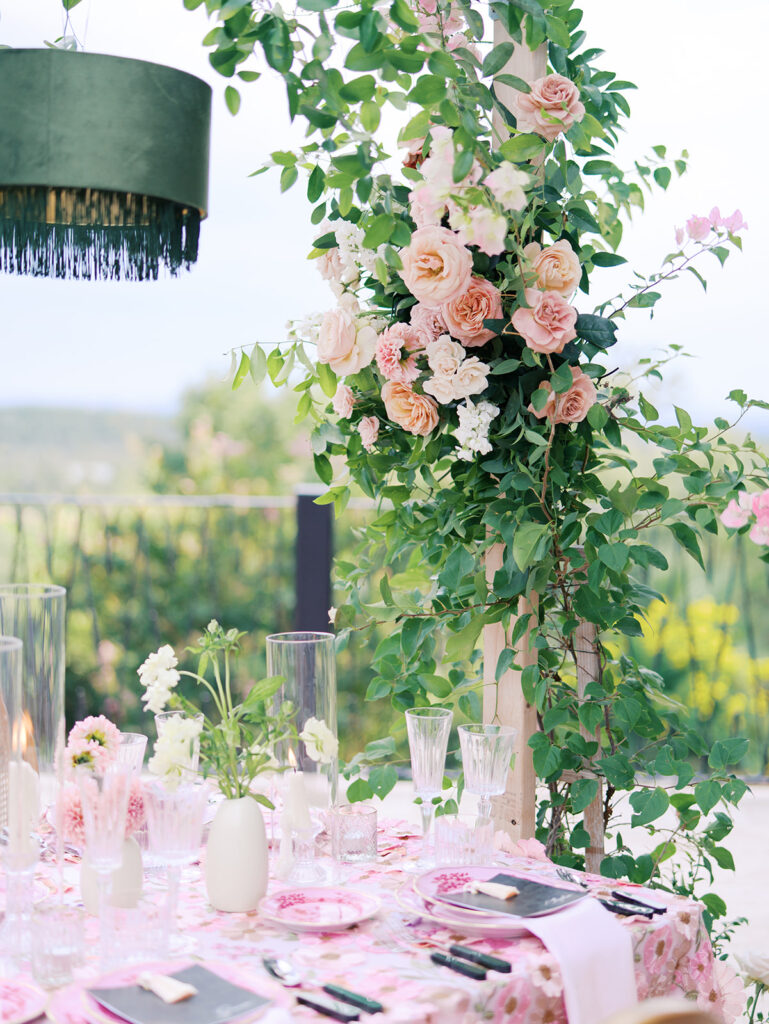 Romantic pink wedding tablescape with lush florals by Truth & Blooms at Villa Antonia, photographed by Kelsey Applebaum
