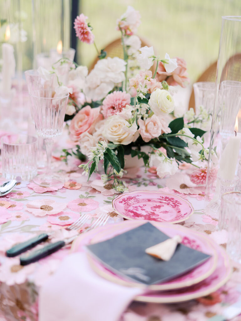 Romantic pink wedding tablescape with lush florals by Truth & Blooms at Villa Antonia, photographed by Kelsey Applebaum