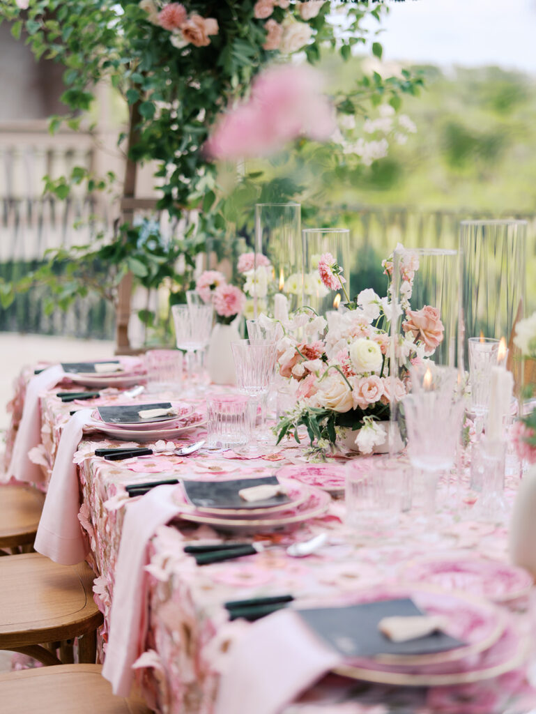 Romantic pink wedding tablescape with lush florals by Truth & Blooms at Villa Antonia, photographed by Kelsey Applebaum