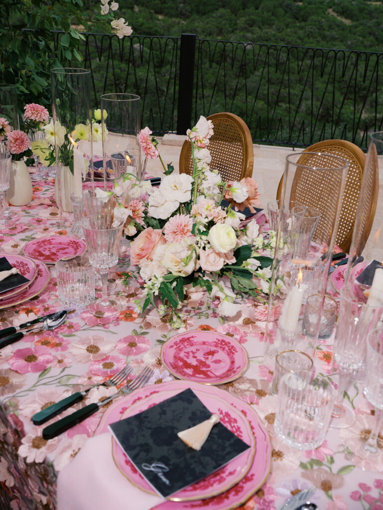Romantic pink wedding tablescape with lush florals by Truth & Blooms at Villa Antonia, photographed by Kelsey Applebaum