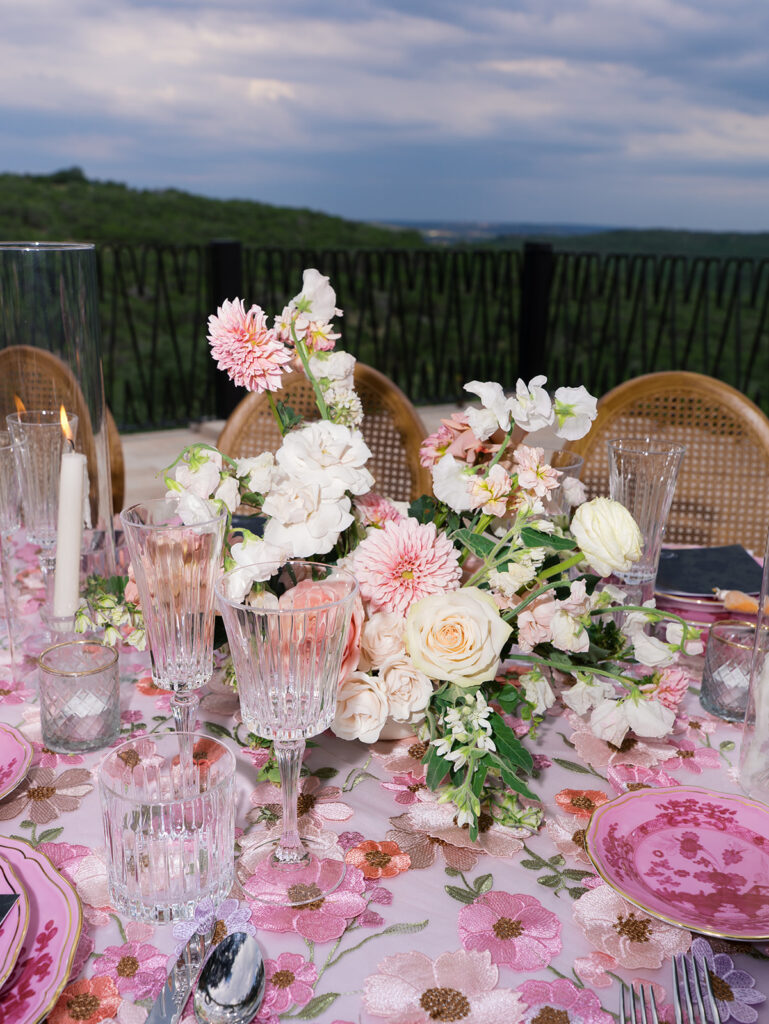 Romantic pink wedding tablescape with lush florals by Truth & Blooms at Villa Antonia, photographed by Kelsey Applebaum