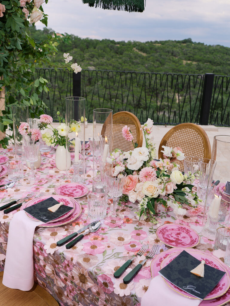 Romantic pink wedding tablescape with lush florals by Truth & Blooms at Villa Antonia, photographed by Kelsey Applebaum