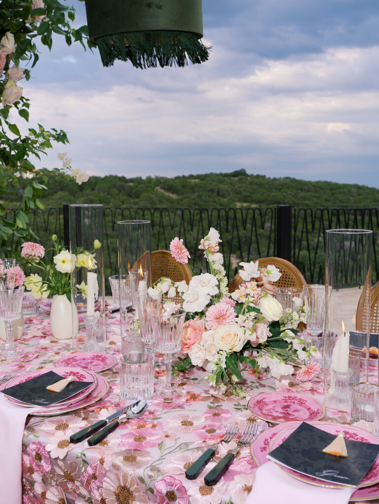 Romantic pink wedding tablescape with lush florals by Truth & Blooms at Villa Antonia, photographed by Kelsey Applebaum