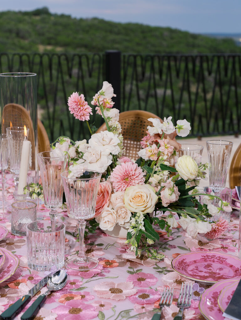 Romantic pink wedding tablescape with lush florals by Truth & Blooms at Villa Antonia, photographed by Kelsey Applebaum