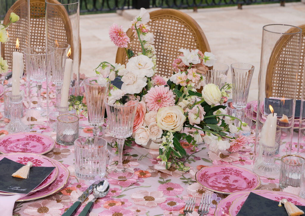 Romantic pink wedding tablescape with lush florals by Truth & Blooms at Villa Antonia, photographed by Kelsey Applebaum
