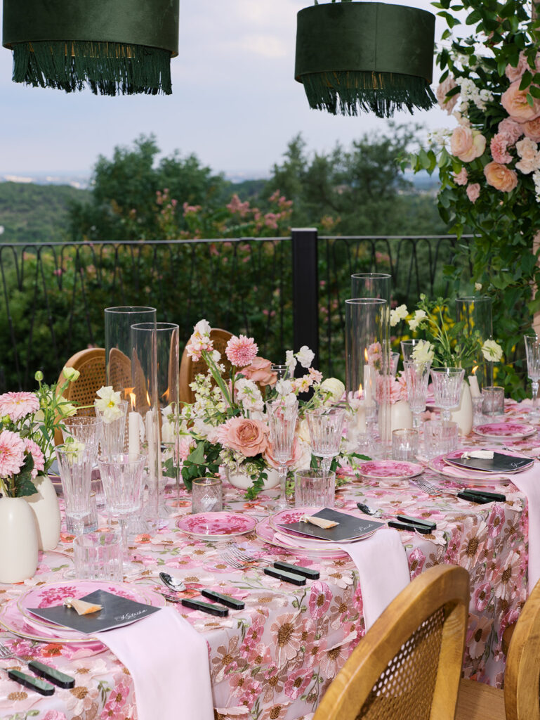 Romantic pink wedding tablescape with lush florals by Truth & Blooms at Villa Antonia, photographed by Kelsey Applebaum