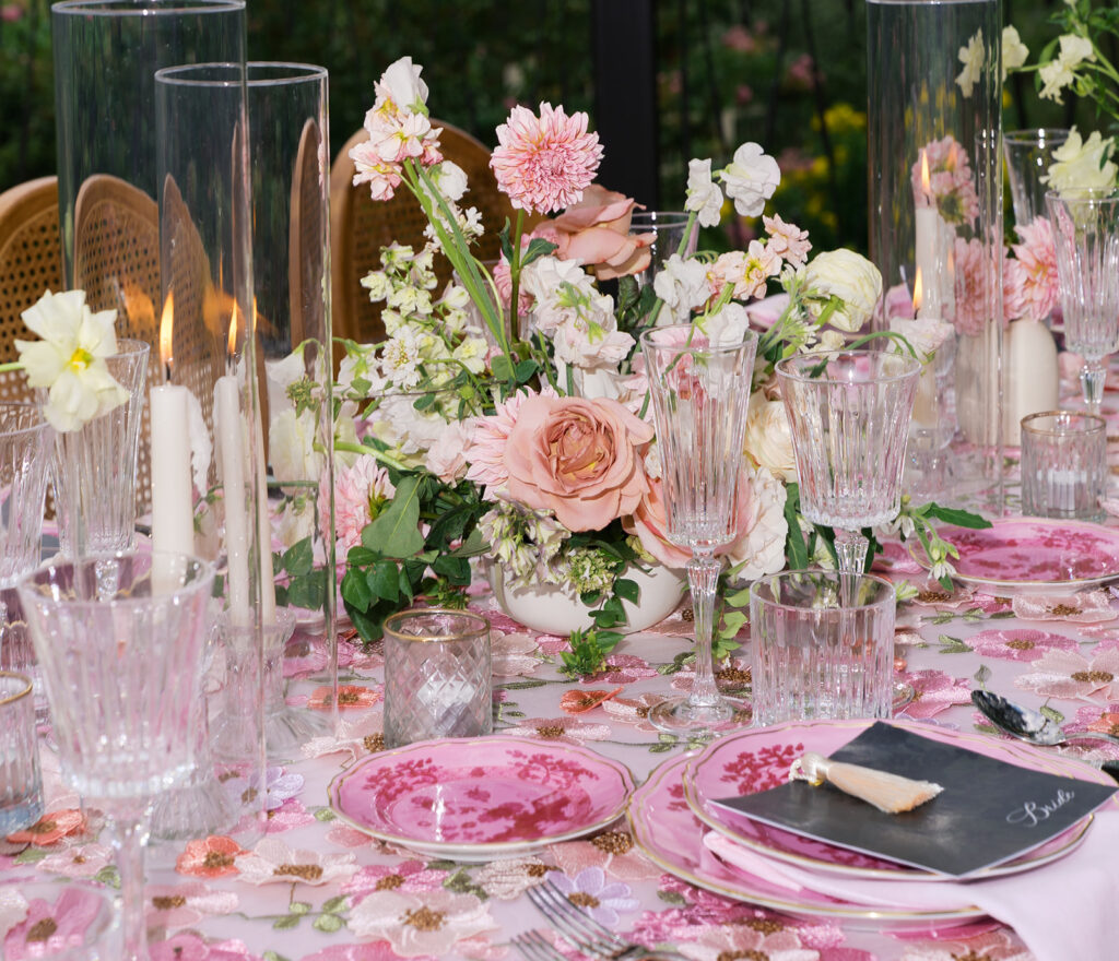 Romantic pink wedding tablescape with lush florals by Truth & Blooms at Villa Antonia, photographed by Kelsey Applebaum