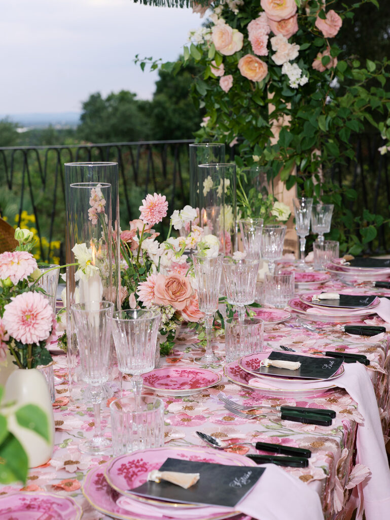 Romantic pink wedding tablescape with lush florals by Truth & Blooms at Villa Antonia, photographed by Kelsey Applebaum