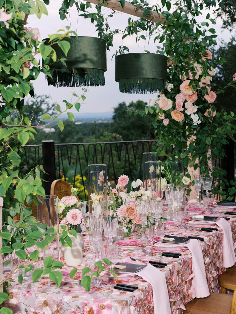 Romantic pink wedding tablescape with lush florals by Truth & Blooms at Villa Antonia, photographed by Kelsey Applebaum