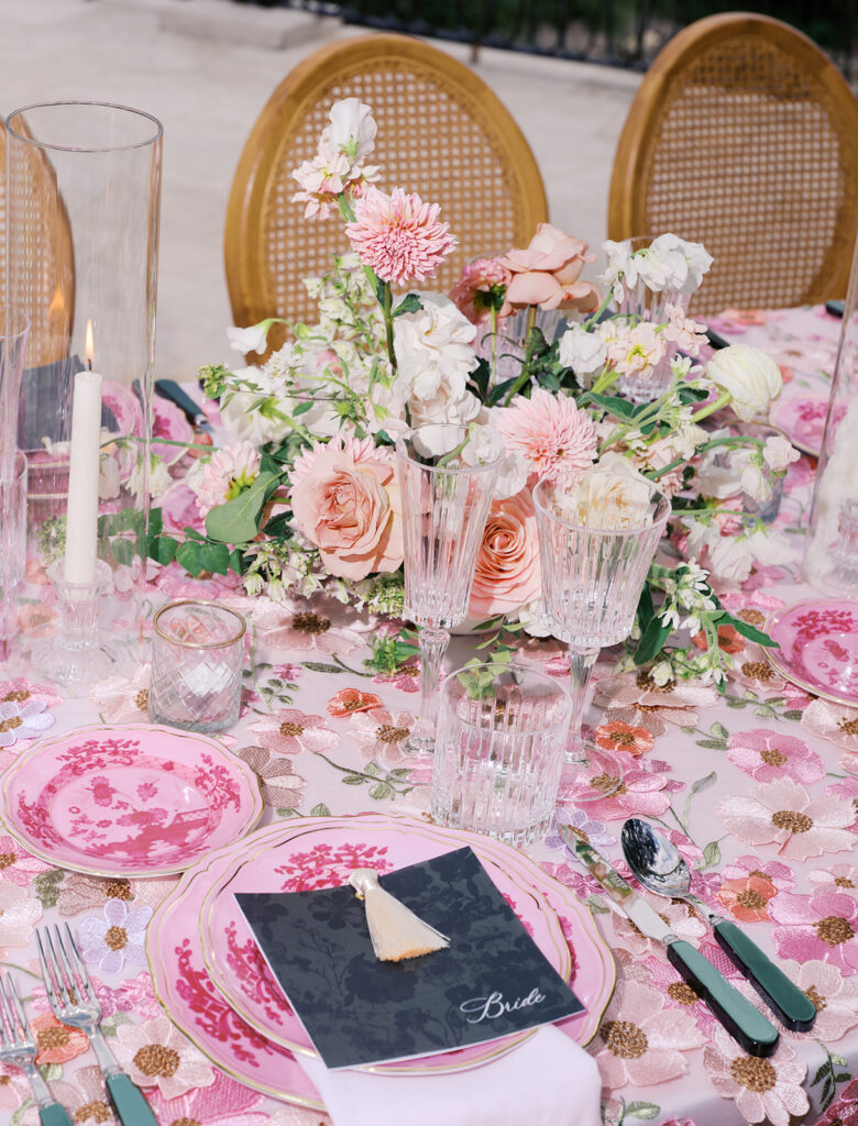 Romantic pink wedding tablescape with lush florals by Truth & Blooms at Villa Antonia, photographed by Kelsey Applebaum