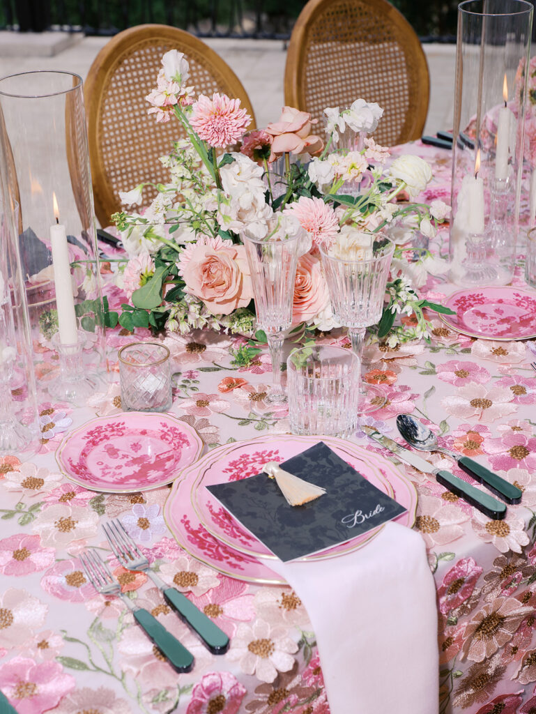 Romantic pink wedding tablescape with lush florals by Truth & Blooms at Villa Antonia, photographed by Kelsey Applebaum