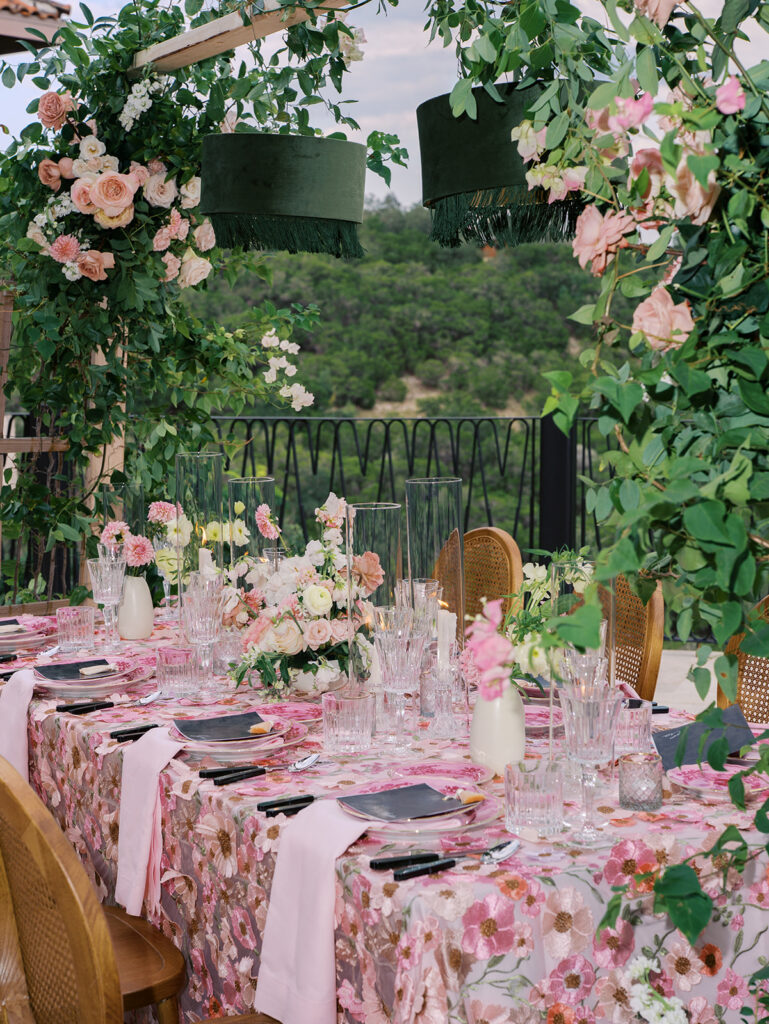 Romantic pink wedding tablescape with lush florals by Truth & Blooms at Villa Antonia, photographed by Kelsey Applebaum