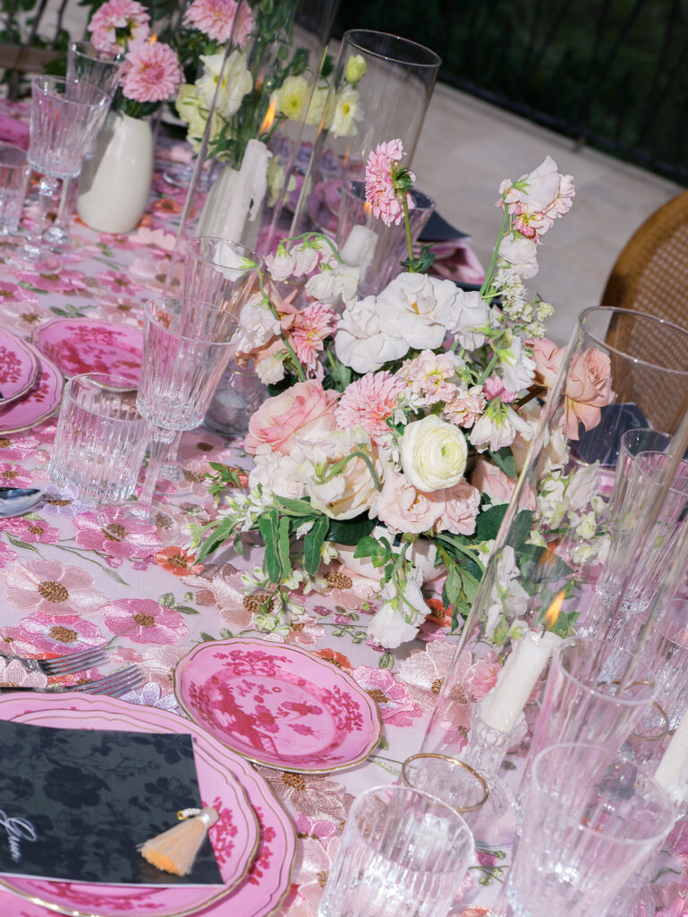Romantic pink wedding tablescape with lush florals by Truth & Blooms at Villa Antonia, photographed by Kelsey Applebaum