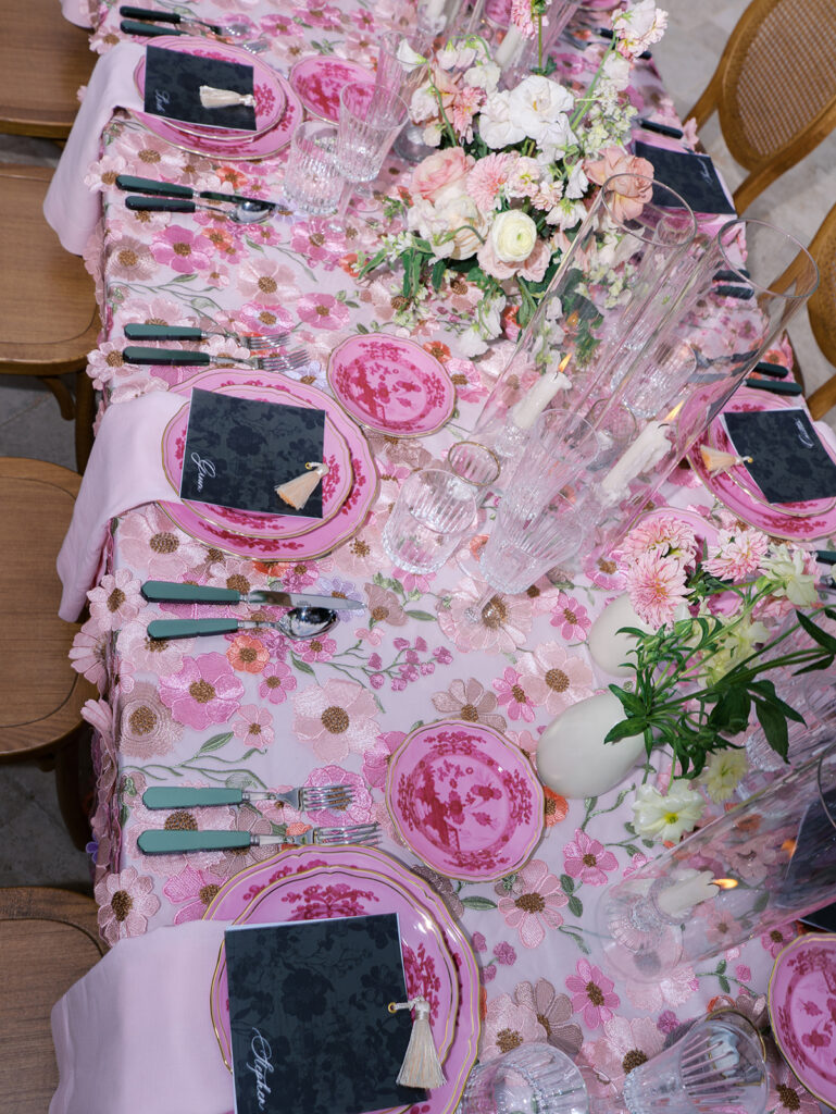 Romantic pink wedding tablescape with lush florals by Truth & Blooms at Villa Antonia, photographed by Kelsey Applebaum