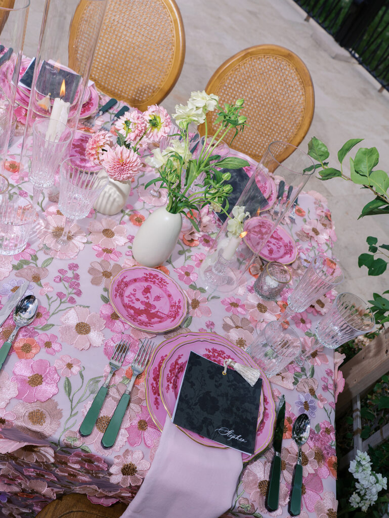 Romantic pink wedding tablescape with lush florals by Truth & Blooms at Villa Antonia, photographed by Kelsey Applebaum