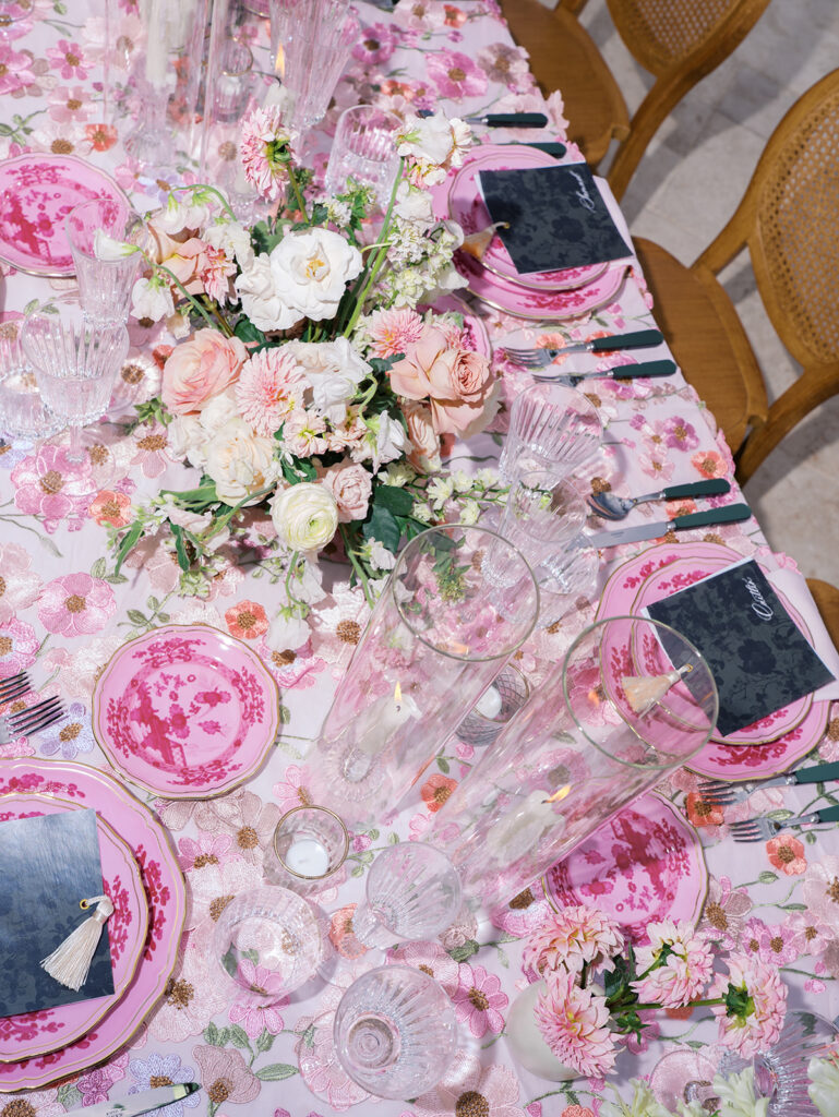 Romantic pink wedding tablescape with lush florals by Truth & Blooms at Villa Antonia, photographed by Kelsey Applebaum