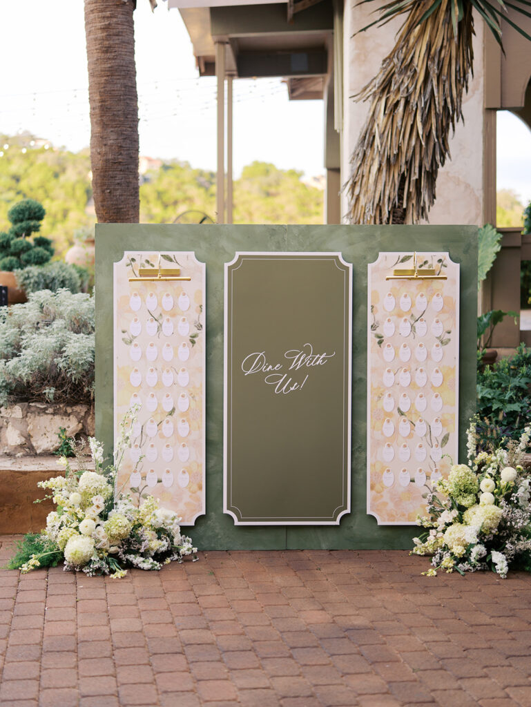 wedding seating chart display at Villa Antonia designed by Simply XO Events with signage by Design to Flourish, photographed by Kelsey Applebaum Photography