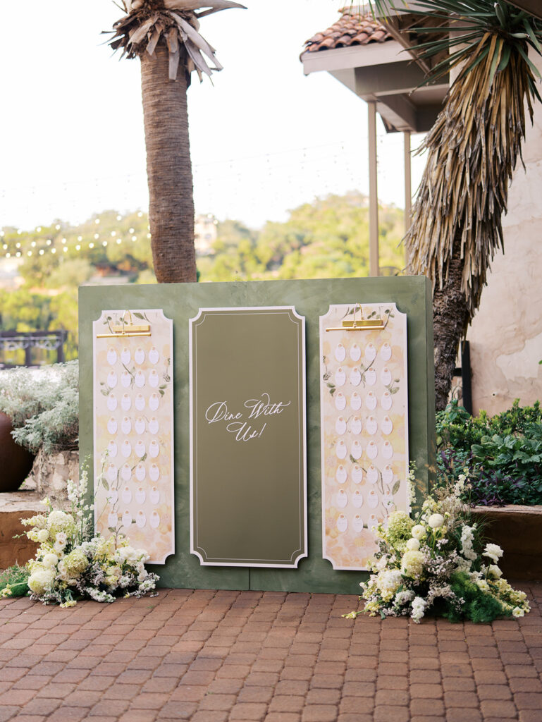 wedding seating chart display at Villa Antonia designed by Simply XO Events with signage by Design to Flourish, photographed by Kelsey Applebaum Photography