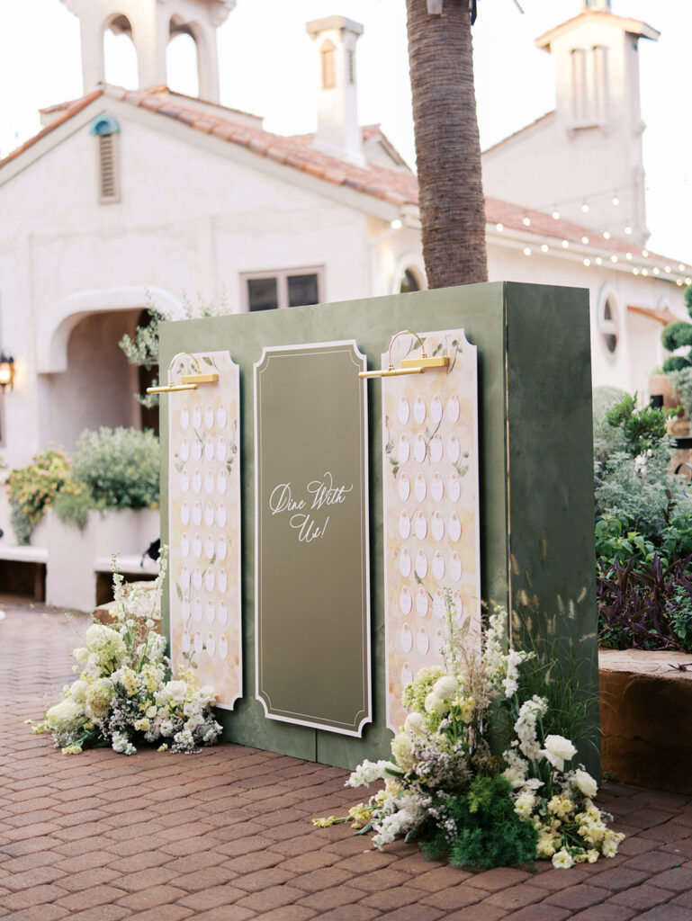 wedding seating chart display at Villa Antonia designed by Simply XO Events with signage by Design to Flourish, photographed by Kelsey Applebaum Photography