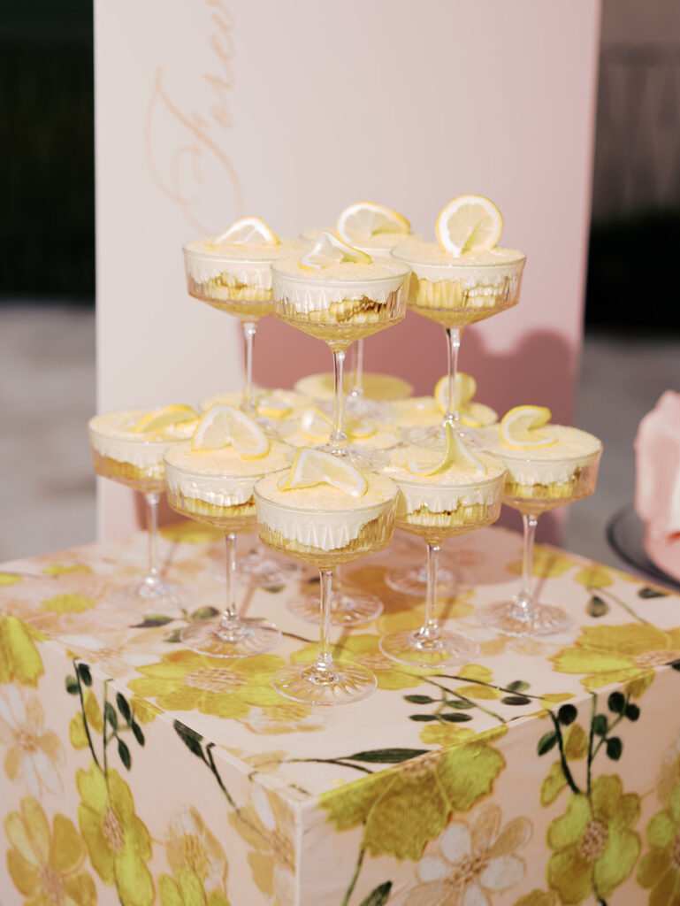 Romantic wedding cake display with florals by Truth & Blooms at Villa Antonia, styled by Simply XO Events and photographed by Kelsey Applebaum Photography