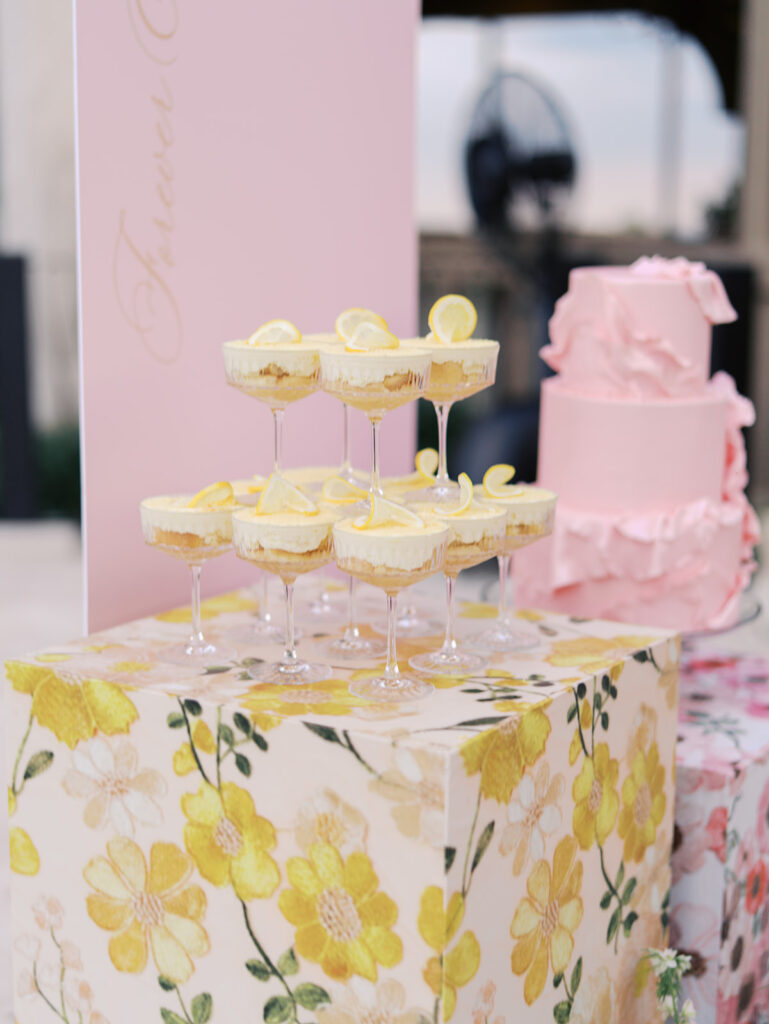 Romantic wedding cake display with florals by Truth & Blooms at Villa Antonia, styled by Simply XO Events and photographed by Kelsey Applebaum Photography