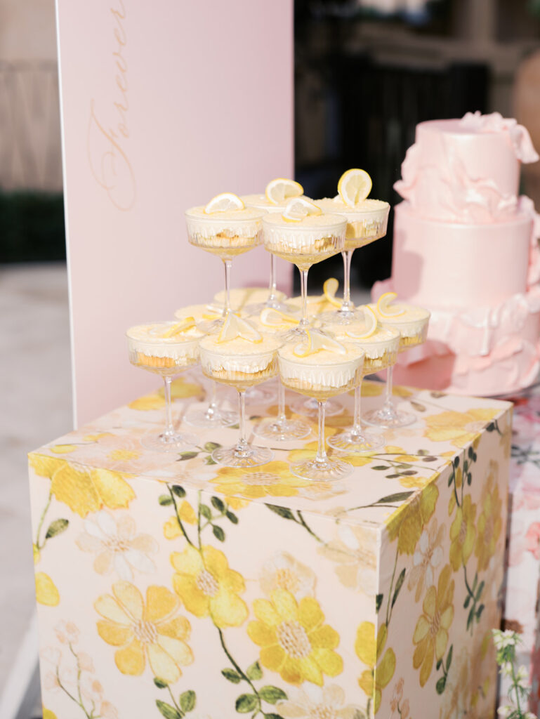 Romantic wedding cake display with florals by Truth & Blooms at Villa Antonia, styled by Simply XO Events and photographed by Kelsey Applebaum Photography