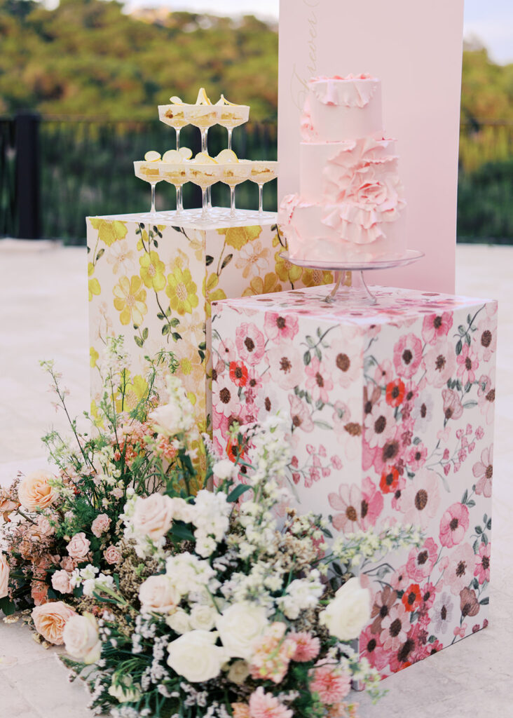 Romantic wedding cake display with florals by Truth & Blooms at Villa Antonia, styled by Simply XO Events and photographed by Kelsey Applebaum Photography