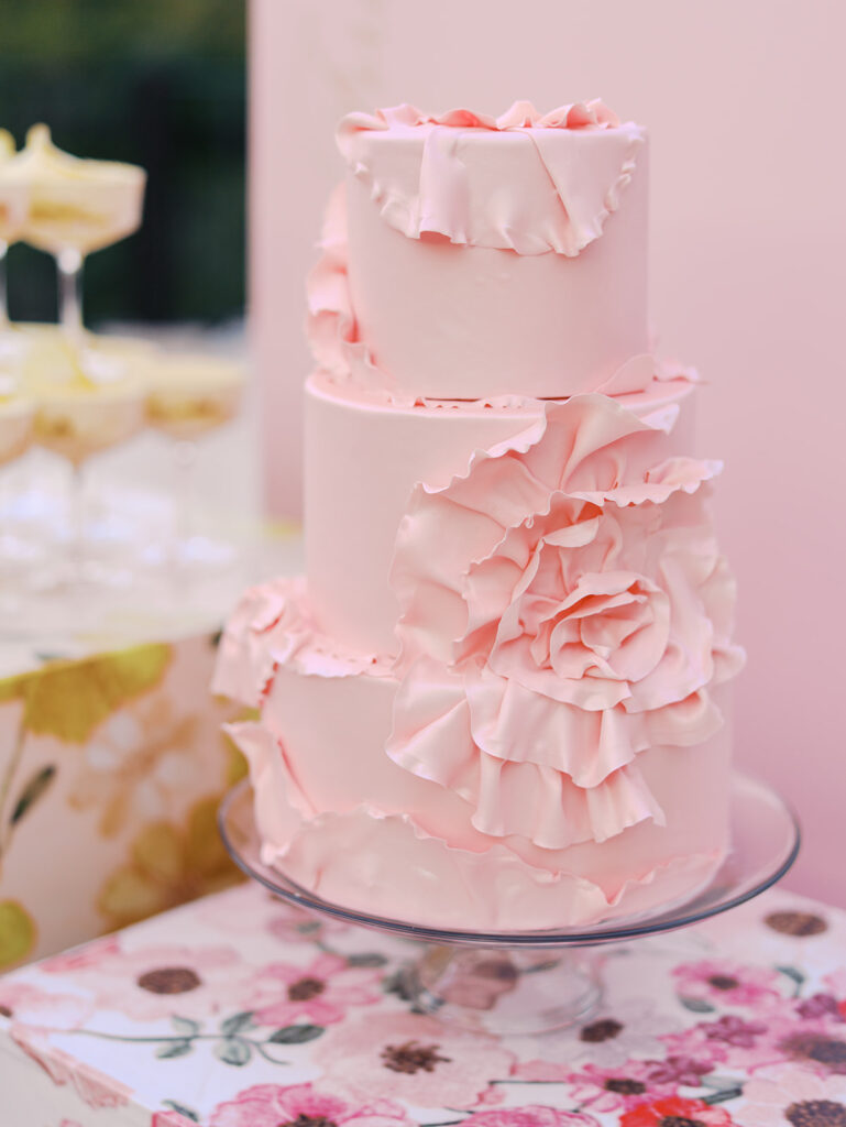 Romantic wedding cake display with florals by Truth & Blooms at Villa Antonia, styled by Simply XO Events and photographed by Kelsey Applebaum Photography