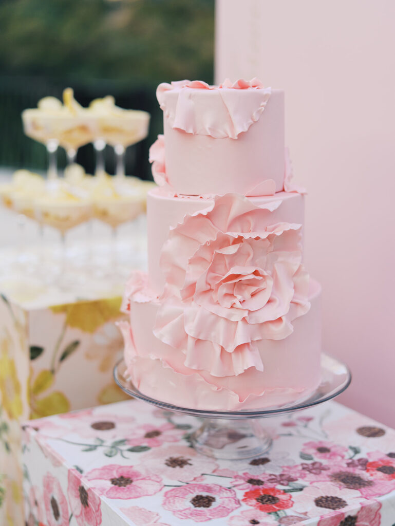Romantic wedding cake display with florals by Truth & Blooms at Villa Antonia, styled by Simply XO Events and photographed by Kelsey Applebaum Photography