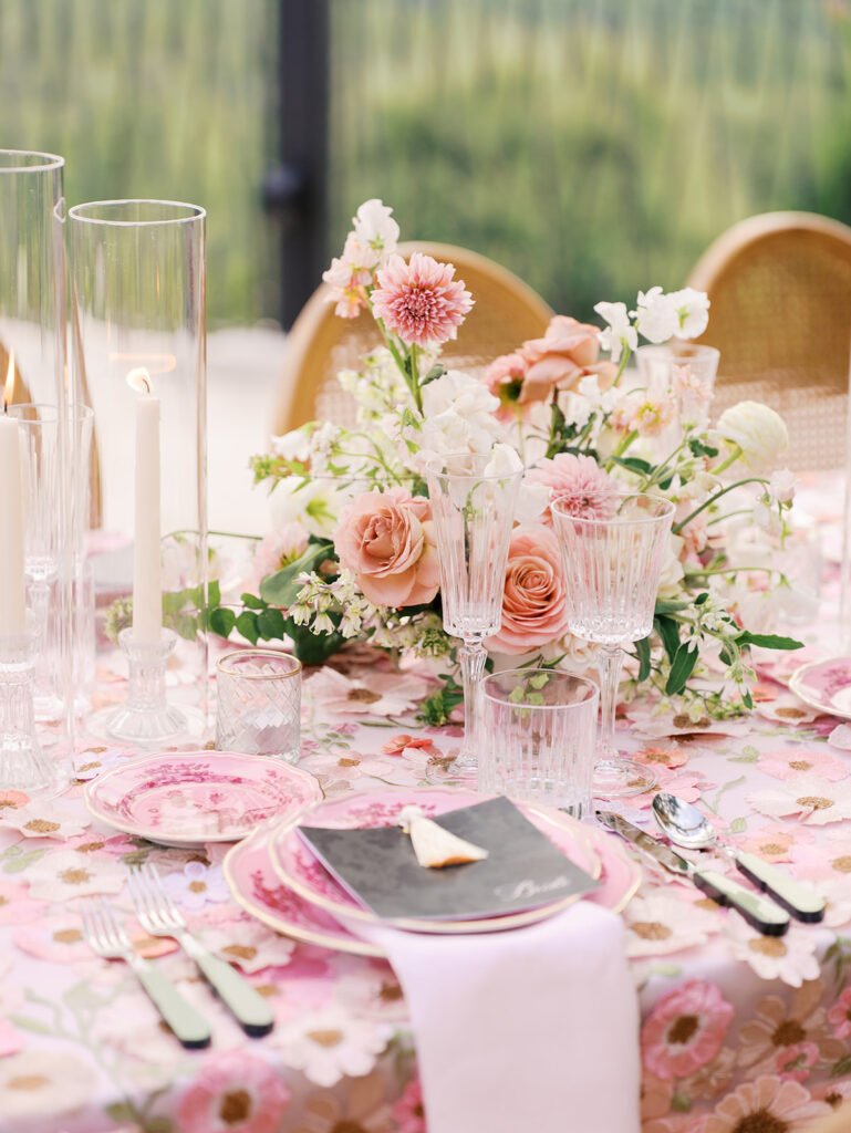 Romantic pink wedding tablescape with lush florals by Truth & Blooms at Villa Antonia, photographed by Kelsey Applebaum
