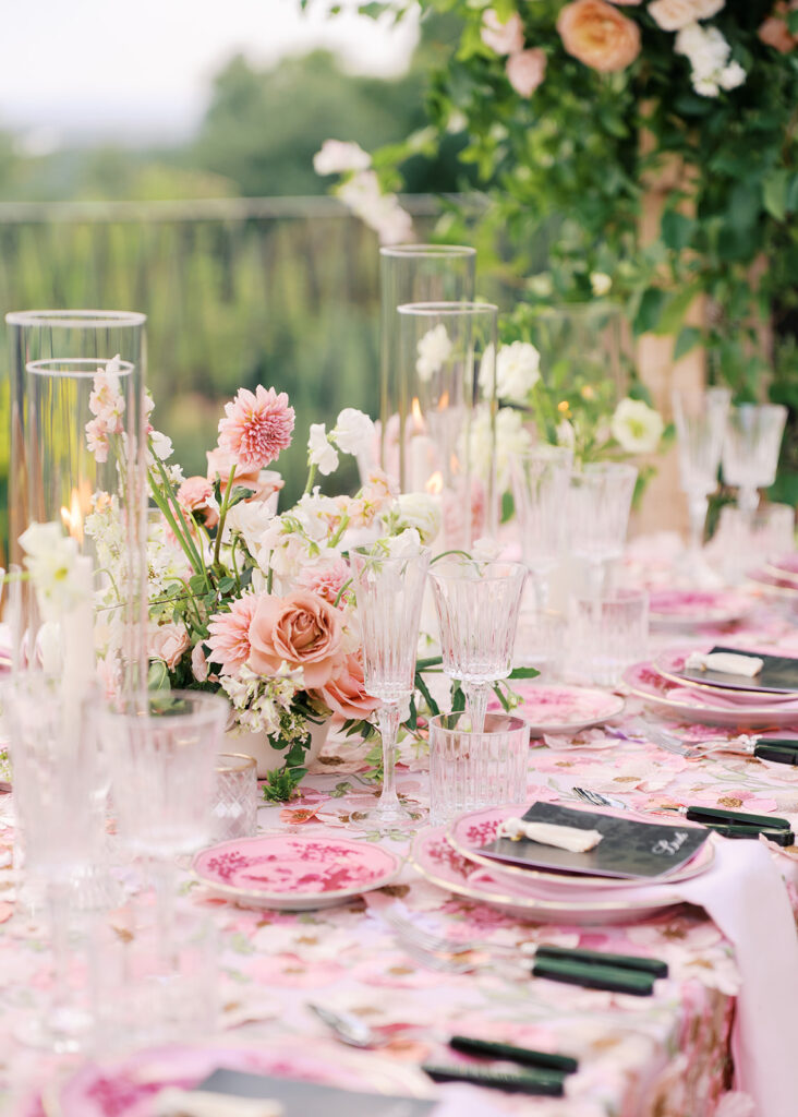 Romantic pink wedding tablescape with lush florals by Truth & Blooms at Villa Antonia, photographed by Kelsey Applebaum