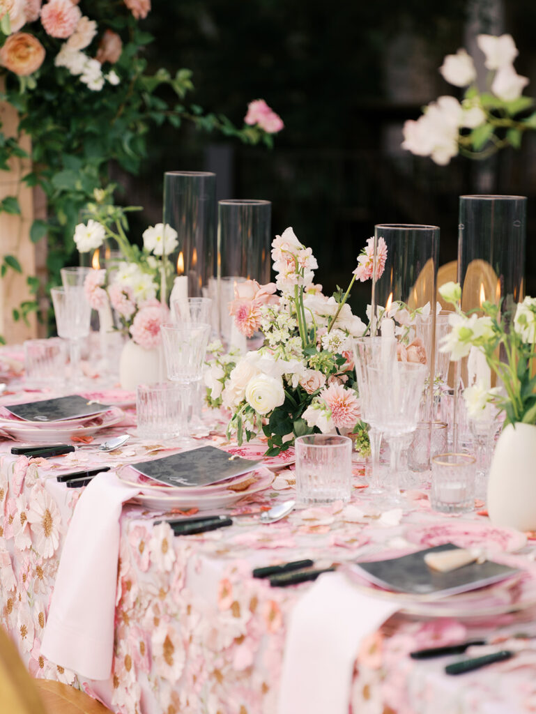 Romantic pink wedding tablescape with lush florals by Truth & Blooms at Villa Antonia, photographed by Kelsey Applebaum