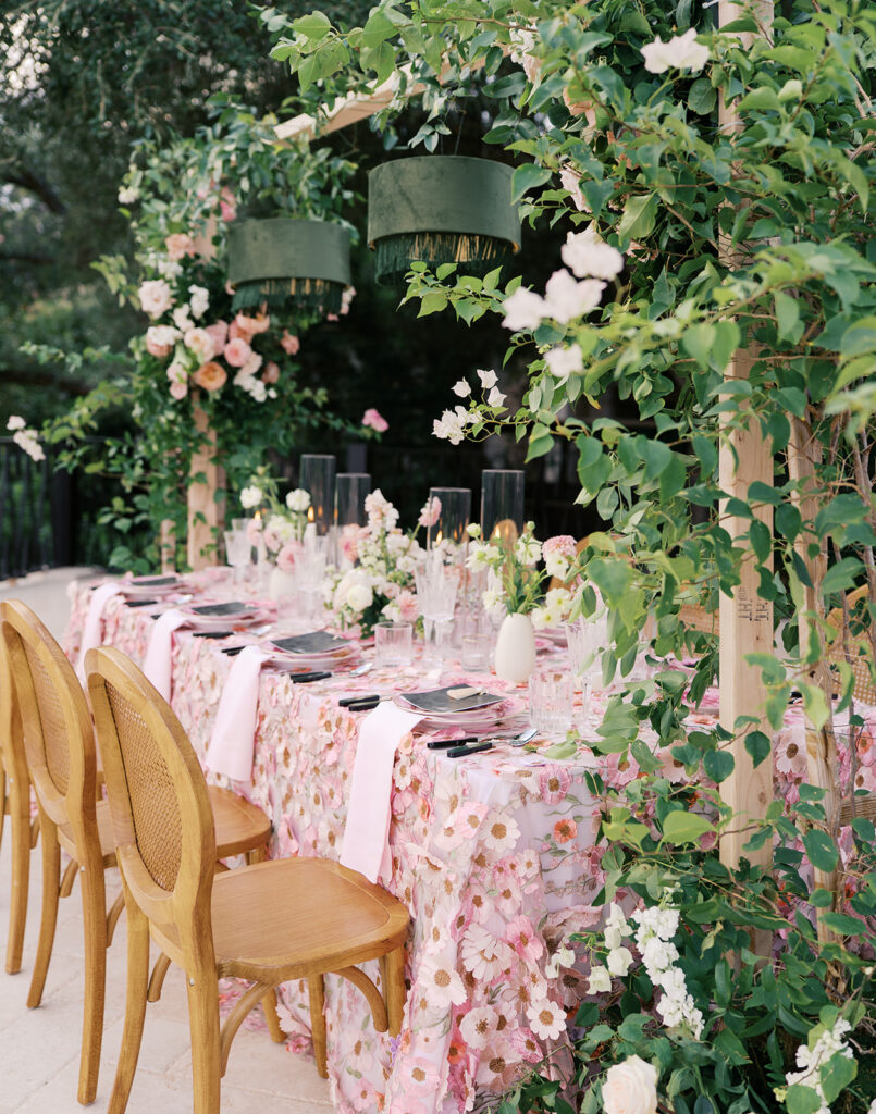 Romantic pink wedding tablescape with lush florals by Truth & Blooms at Villa Antonia, photographed by Kelsey Applebaum