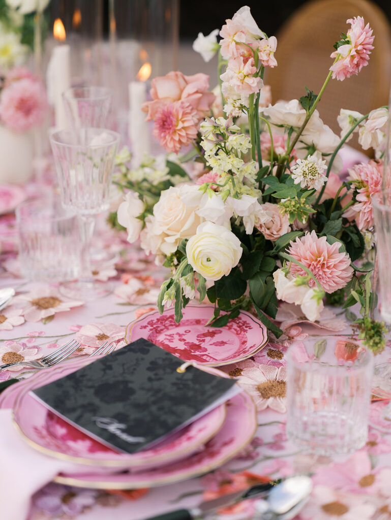 Romantic pink wedding tablescape with lush florals by Truth & Blooms at Villa Antonia, photographed by Kelsey Applebaum