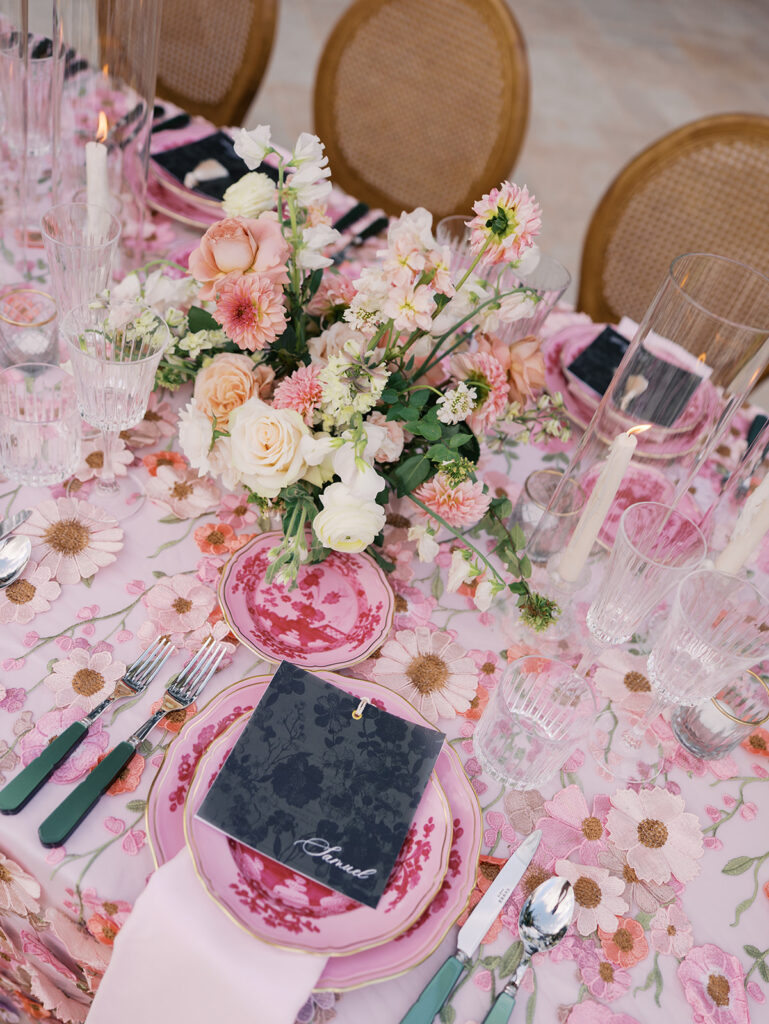 Romantic pink wedding tablescape with lush florals by Truth & Blooms at Villa Antonia, photographed by Kelsey Applebaum