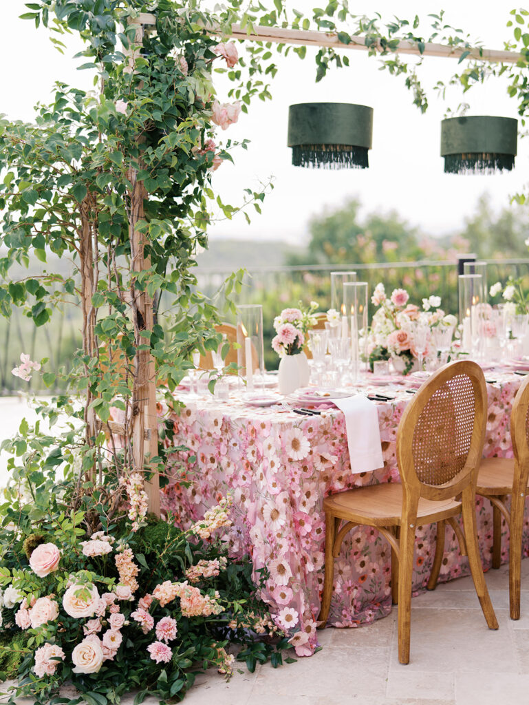 Romantic pink wedding tablescape with lush florals by Truth & Blooms at Villa Antonia, photographed by Kelsey Applebaum