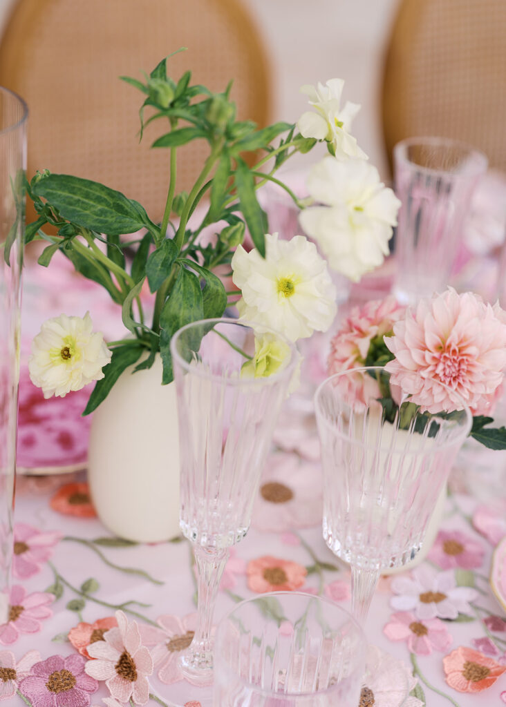 Romantic pink wedding tablescape with lush florals by Truth & Blooms at Villa Antonia, photographed by Kelsey Applebaum