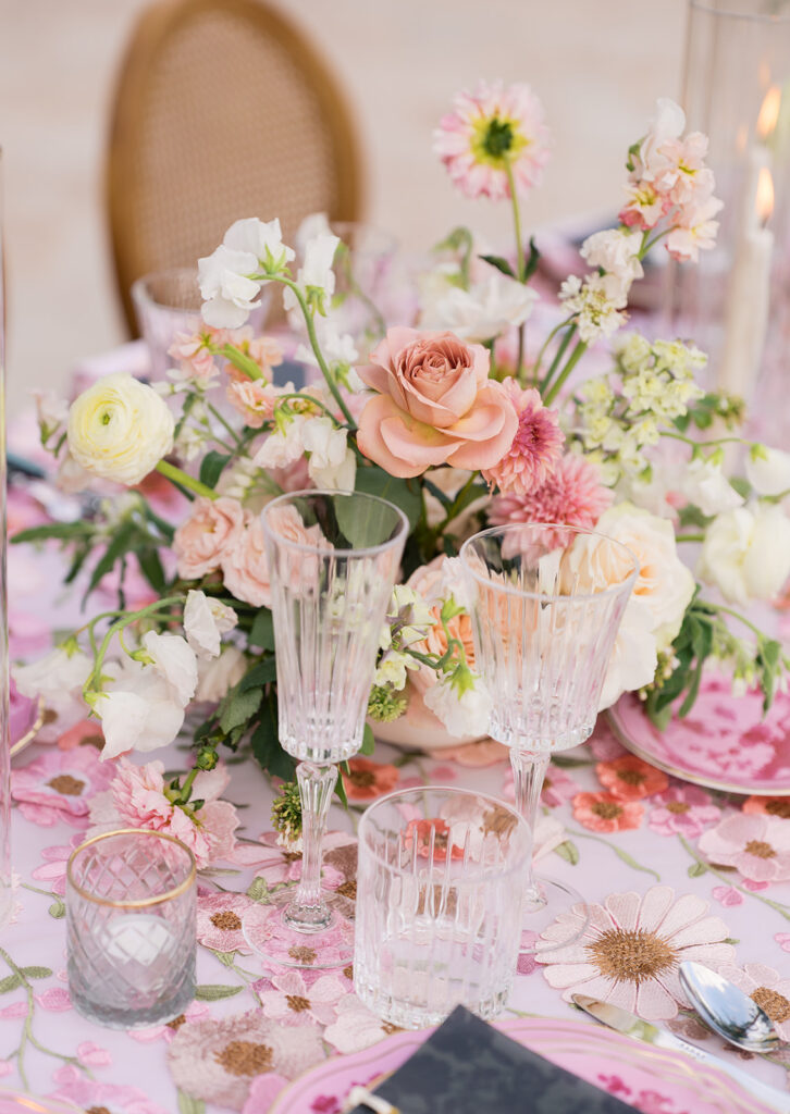Romantic pink wedding tablescape with lush florals by Truth & Blooms at Villa Antonia, photographed by Kelsey Applebaum