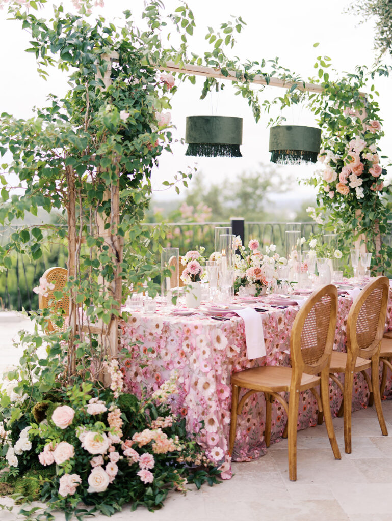 Romantic pink wedding tablescape with lush florals by Truth & Blooms at Villa Antonia, photographed by Kelsey Applebaum