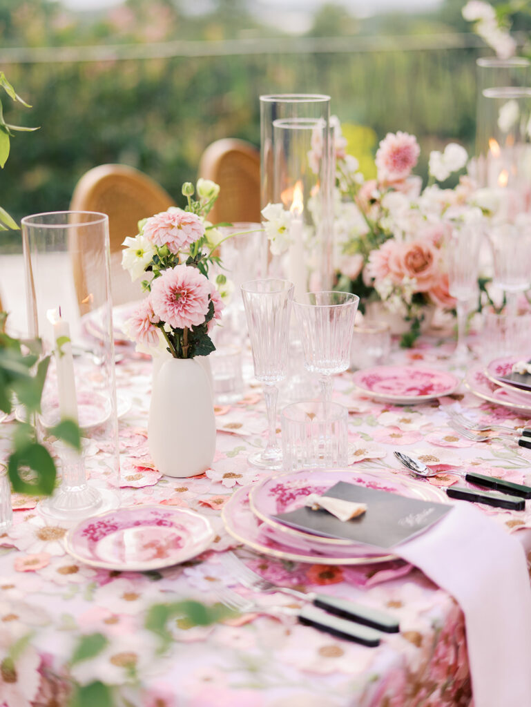 Romantic pink wedding tablescape with lush florals by Truth & Blooms at Villa Antonia, photographed by Kelsey Applebaum