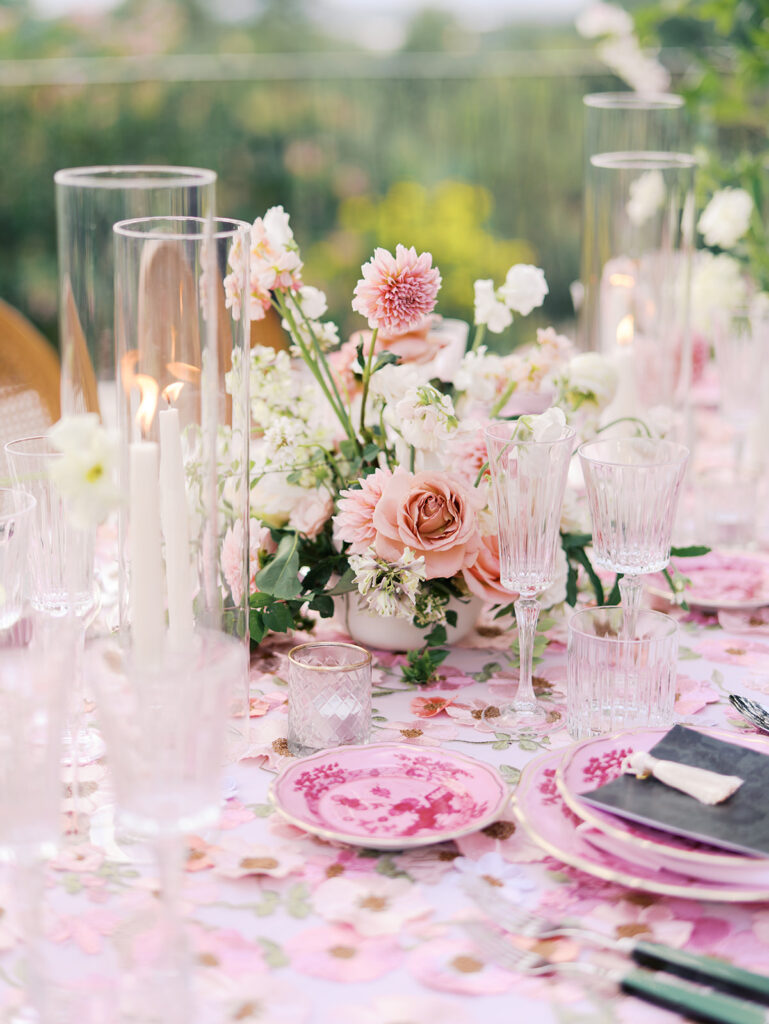 Romantic pink wedding tablescape with lush florals by Truth & Blooms at Villa Antonia, photographed by Kelsey Applebaum