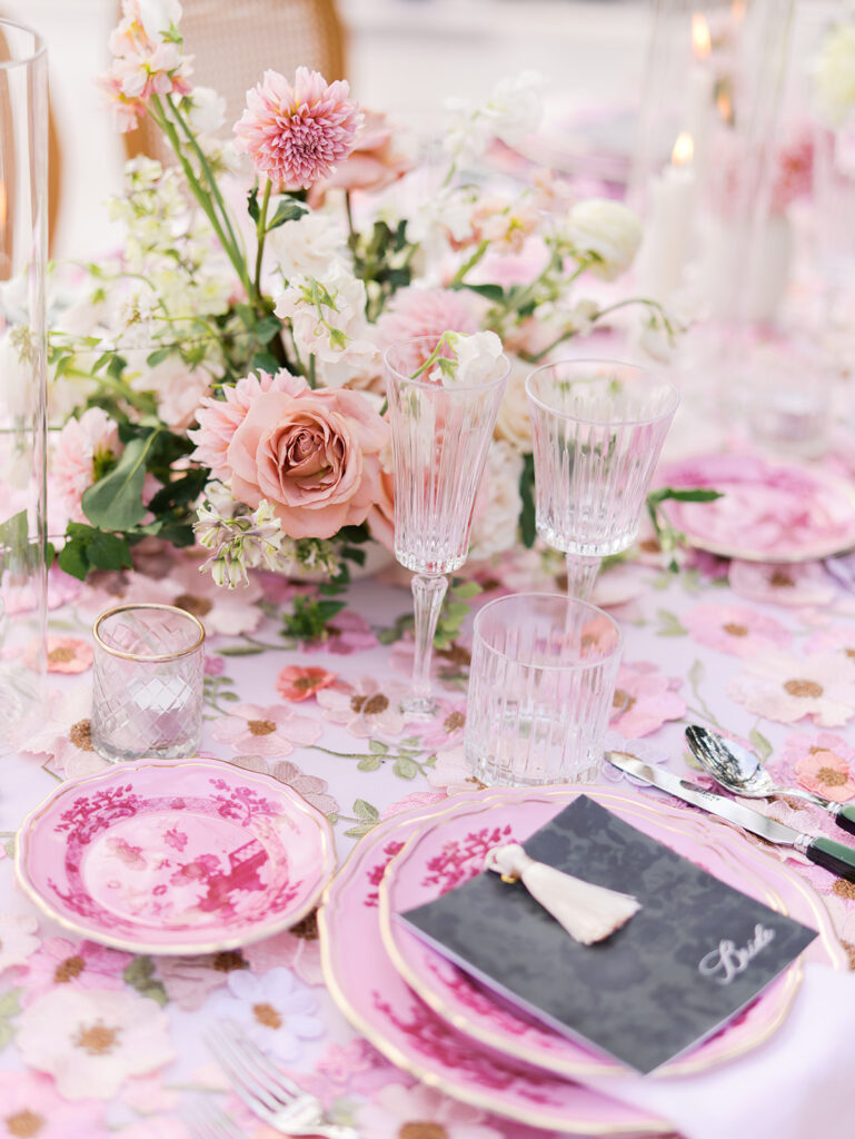 Romantic pink wedding tablescape with lush florals by Truth & Blooms at Villa Antonia, photographed by Kelsey Applebaum
