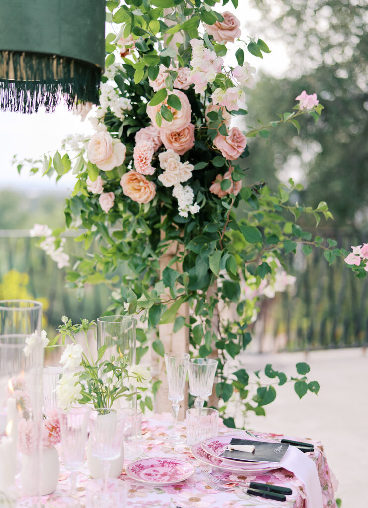 Romantic pink wedding tablescape with lush florals by Truth & Blooms at Villa Antonia, photographed by Kelsey Applebaum