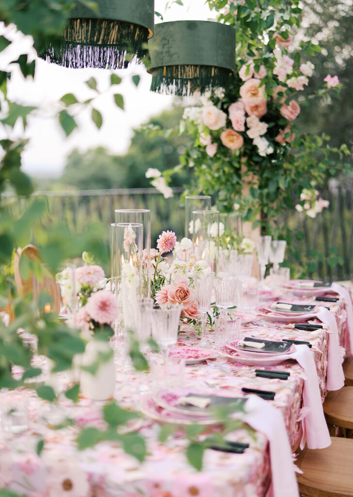 Romantic pink wedding tablescape with lush florals by Truth & Blooms at Villa Antonia, photographed by Kelsey Applebaum