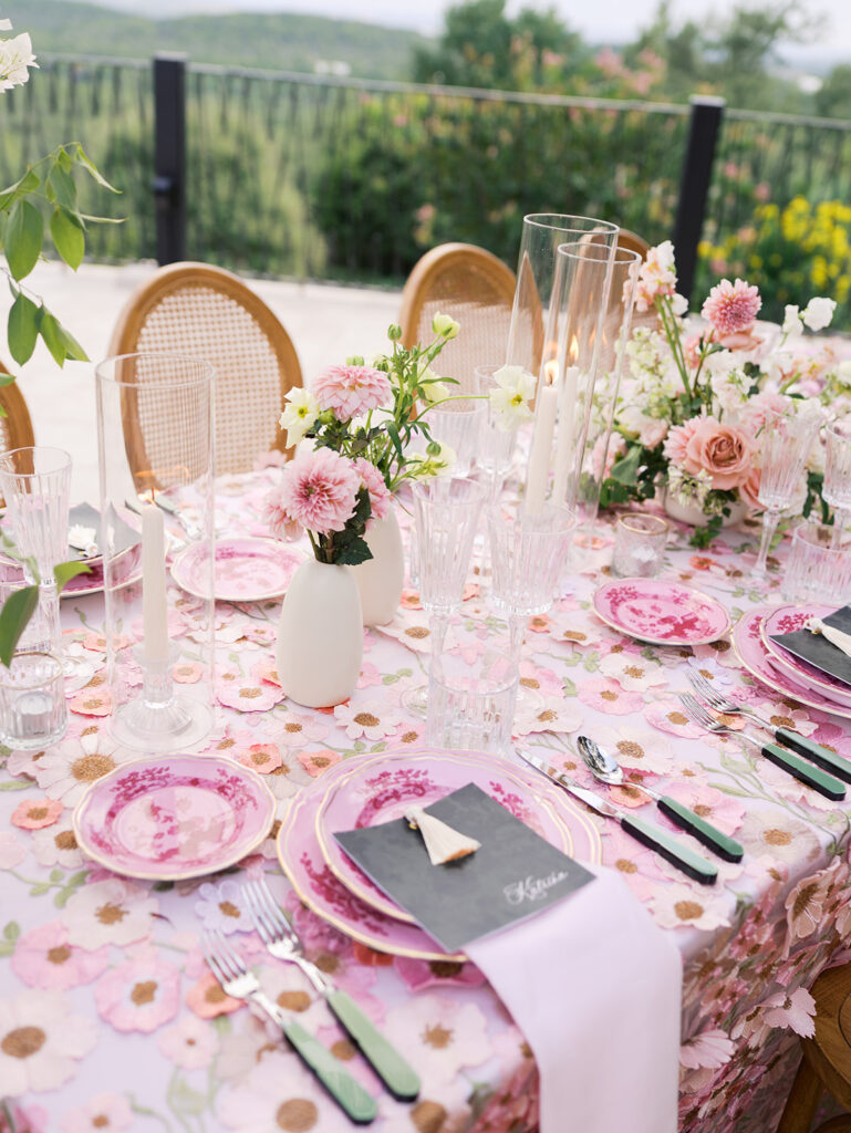 Romantic pink wedding tablescape with lush florals by Truth & Blooms at Villa Antonia, photographed by Kelsey Applebaum