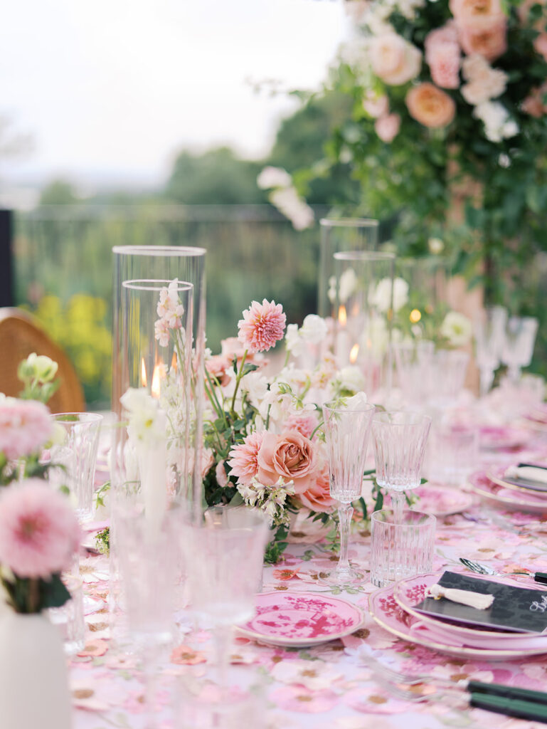 Romantic pink wedding tablescape with lush florals by Truth & Blooms at Villa Antonia, photographed by Kelsey Applebaum