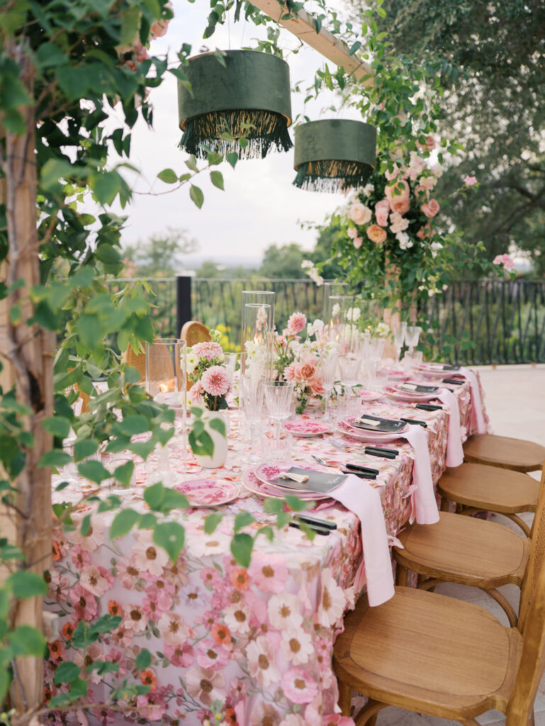 Romantic pink wedding tablescape with lush florals by Truth & Blooms at Villa Antonia, photographed by Kelsey Applebaum